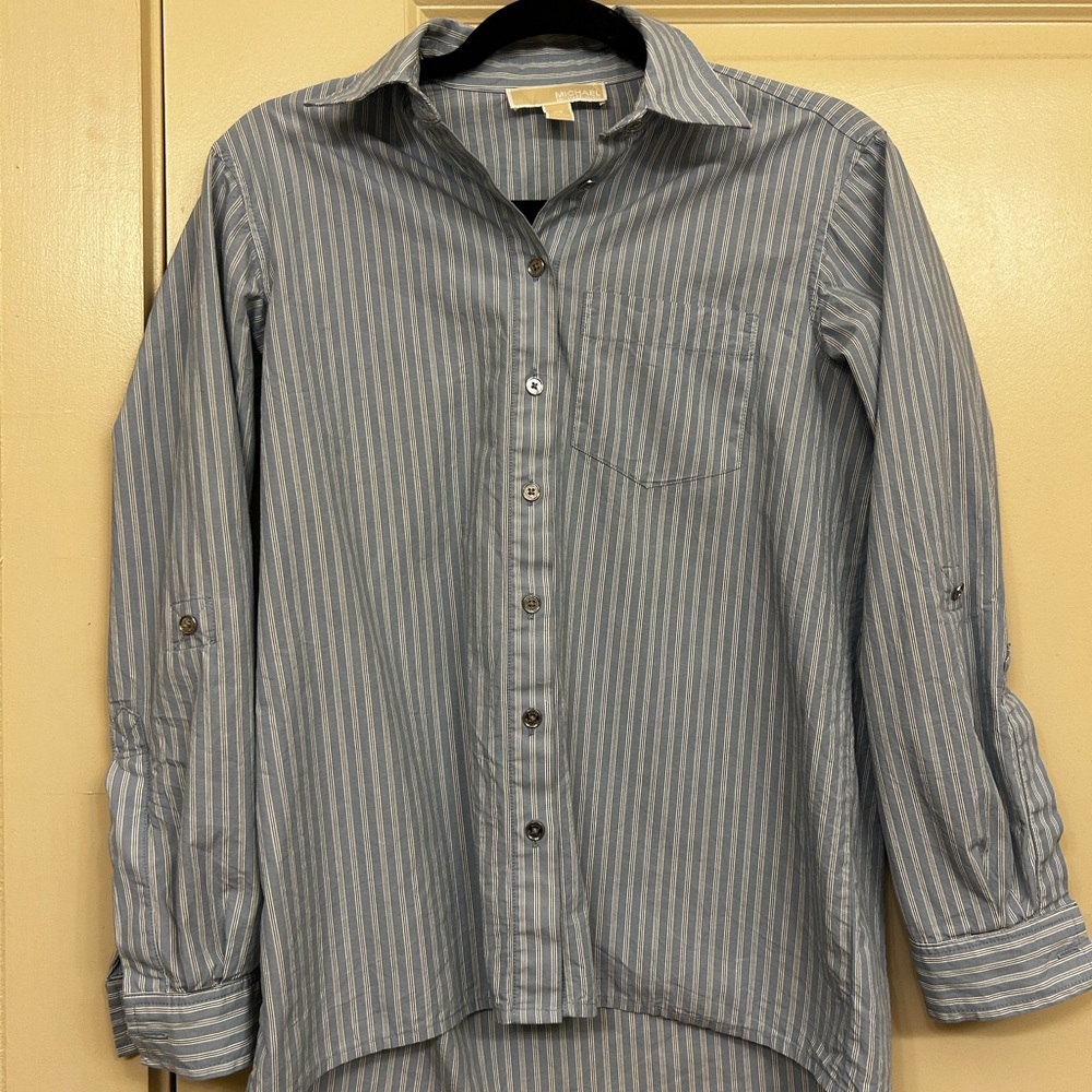 Michael Kors Women’s Blue and White Striped Button Down Shirt